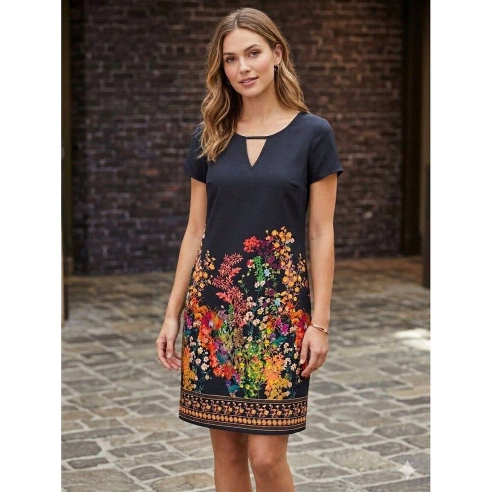 Merona Navy Blue Floral Border Shift Dress Size XS Short Sleeve Keyhole Cut Out - Picture 4 of 6